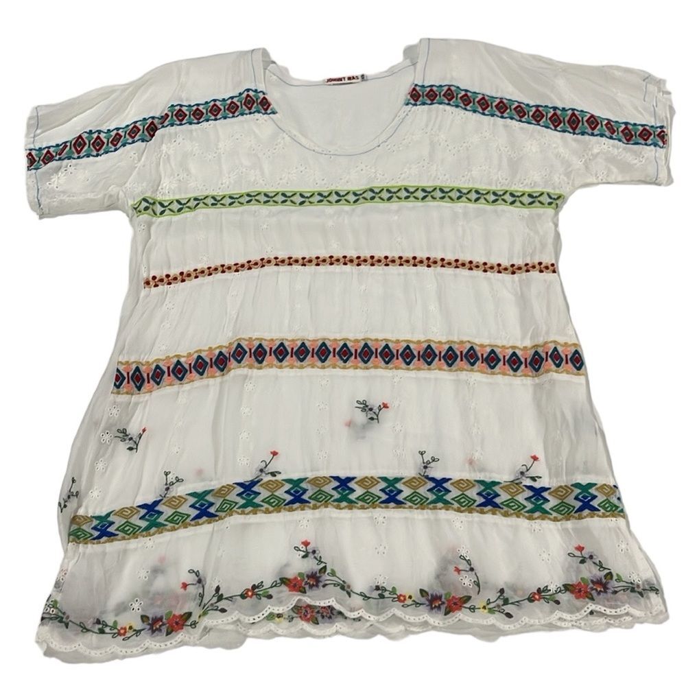 Johnny Was Embroidered Cupra Rayon Tunic Top Shirt White Boho Floral Festival XS